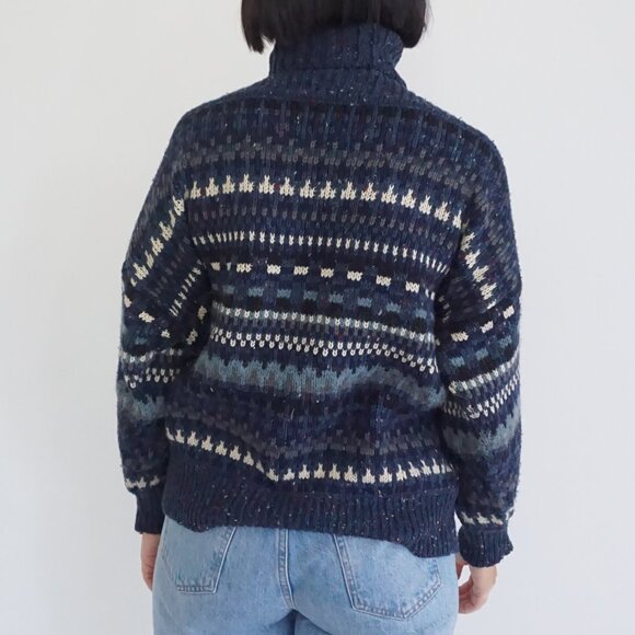 Vintage Fabrizio Navy Multicolour Turtleneck Knit Sweater Cabincore Minimalist M - Picture 2 of 8